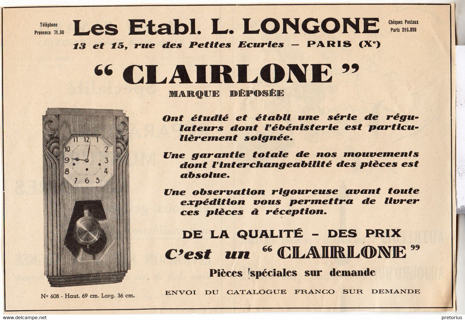 RARE PUB SUR PAPIER - 1930 - ETABLISSEMENTS L. LONGONE - CLAIRLONE - PARIS - Wandklokken