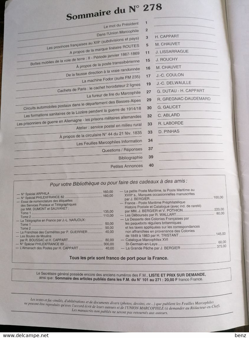 LES FEUILLES MARCOPHILES N°278 1994 + SUPPLEMENT SPECIAL BERGERAC MARCOPHILEX XIX TB ETAT - Français (àpd. 1941)