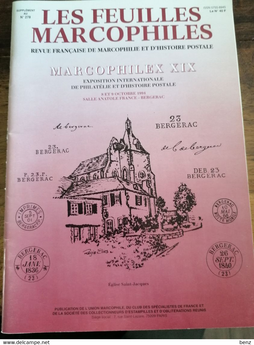 LES FEUILLES MARCOPHILES N°278 1994 + SUPPLEMENT SPECIAL BERGERAC MARCOPHILEX XIX TB ETAT - Français (àpd. 1941)