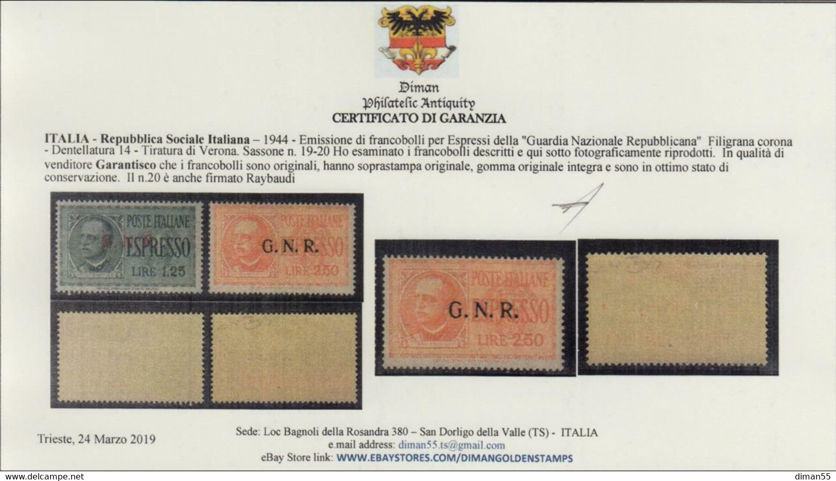 Italy - 1944 R.S.I. - Espressi N.19-20 Tiratura Di Verona - Cat. 750 Euro - Firmati Raybaudi  Gomma Integra - MNH** - Posta Espresso