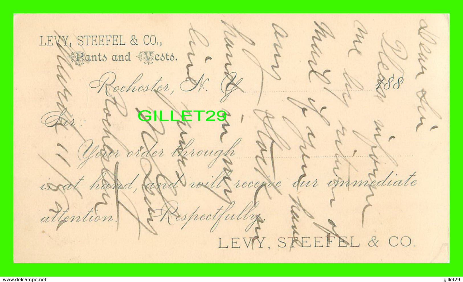 ROCHESTER, NY - LEVY, STEEFEL & CO - POSTAL CARD TRAVEL IN 1885 - PANTS AND VESTS - - Rochester