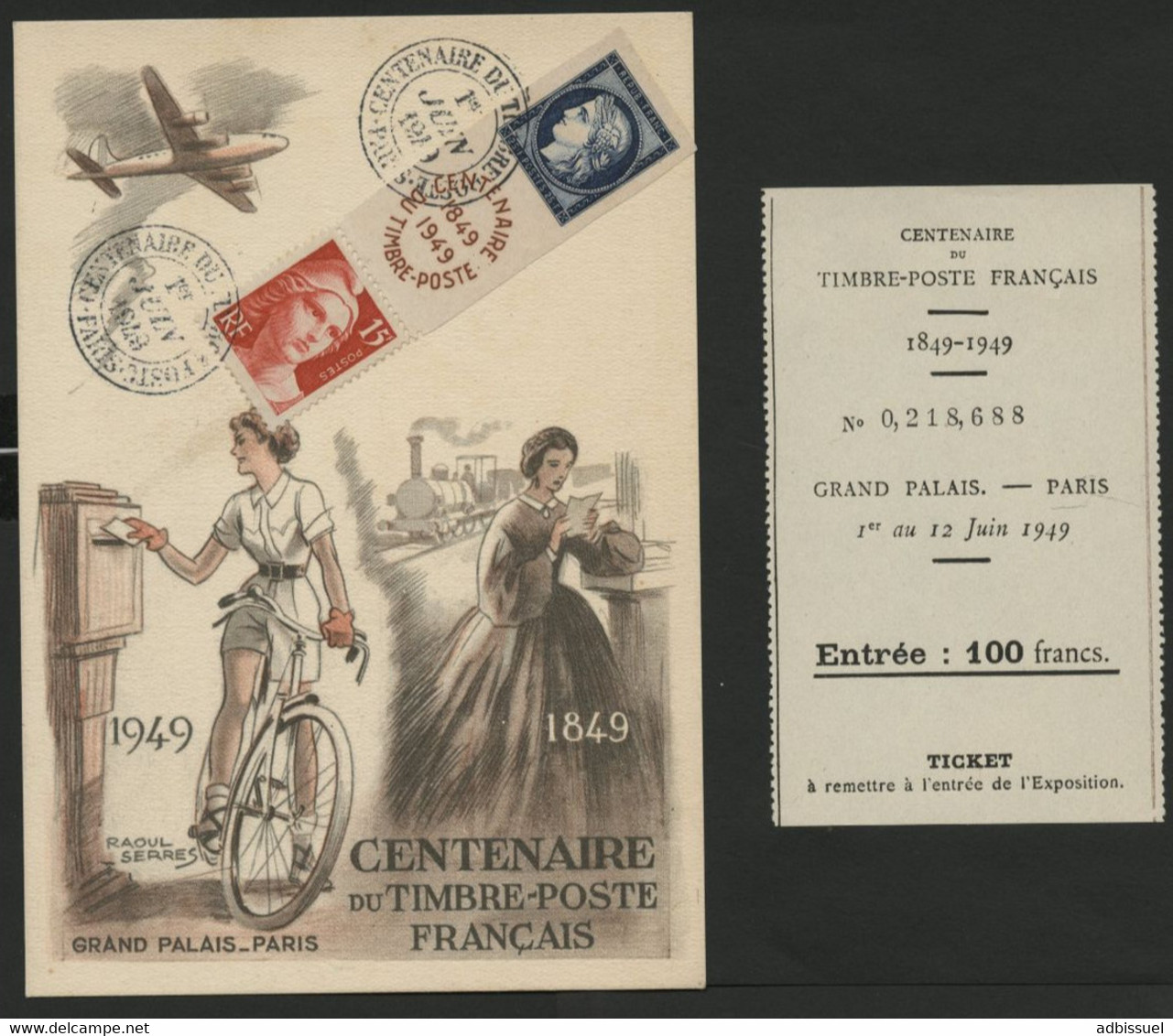 Carte Postale Premier Jour CITEX PARIS Centenaire Du Timbre-Poste. Avec N° 831 + 832 + TICKET D'ENTREE. TB - ....-1949