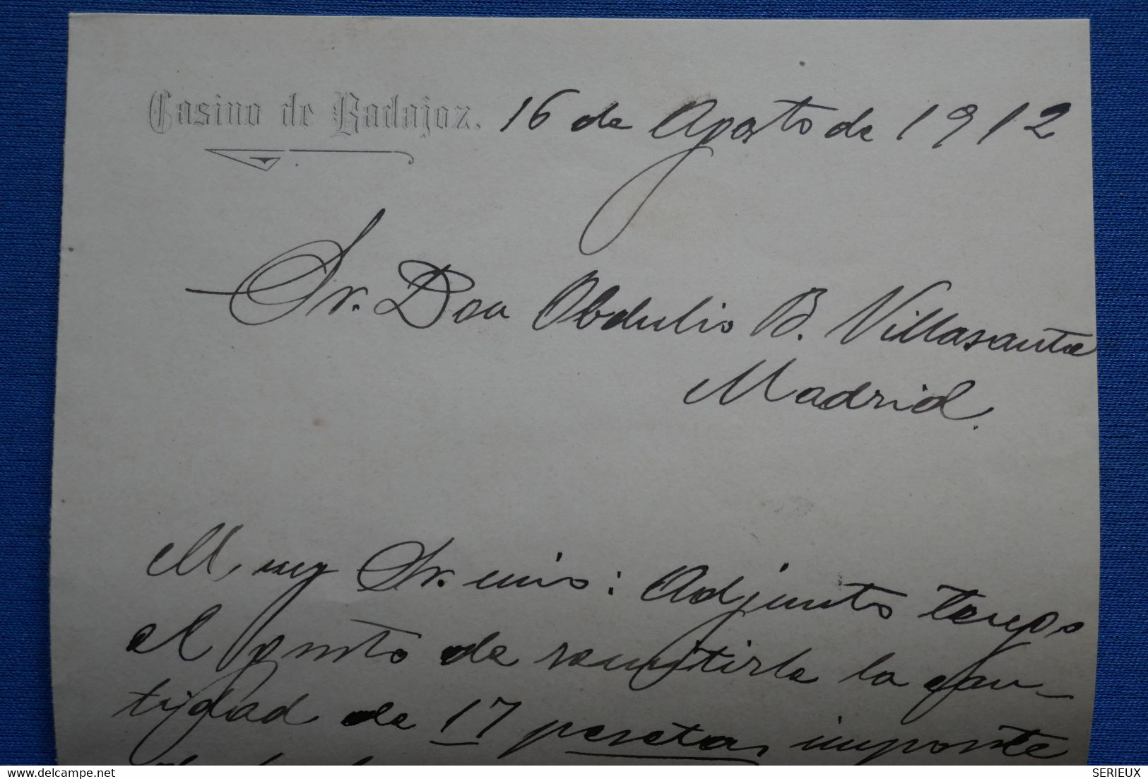 AC9 ESPANA  BELLE LETTRE   1912  CASIINO BADAJOZ MADRID   + + AFFRANCHISSEMENT INTERESSANT - Cartas & Documentos