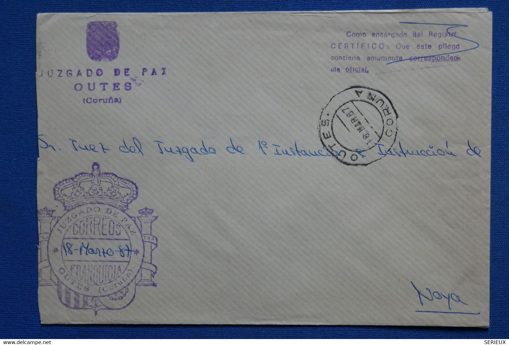 AC9 ESPANA  BELLE LETTRE   1987  JUZGADO DE PAZ  OUTES + + AFFRANCHISSEMENT INTERESSANT - Cartas & Documentos