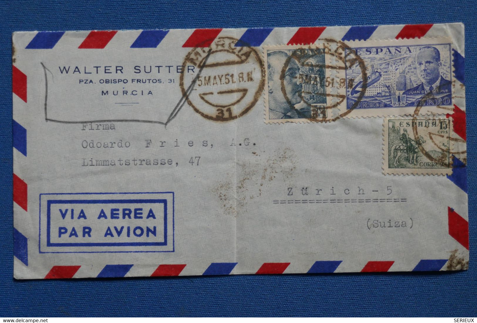 AC9 ESPANA BELLE LETTRE 1951  MURCIA  POUR ZURICH SUISSE  +AEROPHILATELIE + AFFRANCHISSEMENT INTERESSANT - Covers & Documents