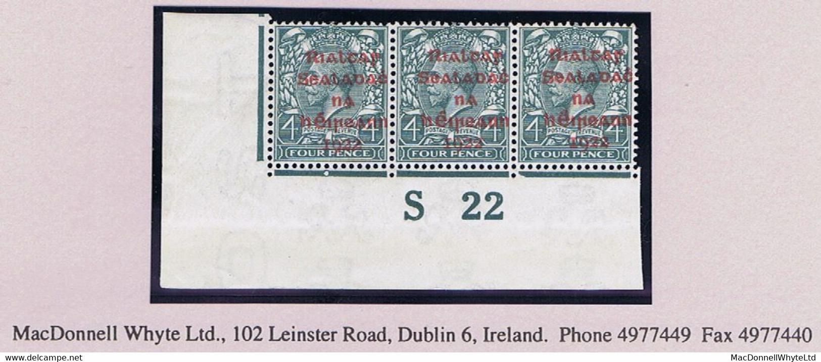 Ireland 1922 Dollard Rialtas Ovpt In Carmine On 4d Grey-green, Control S22 Imperf, Corner Strip Of 3 Mint Unmounted - Neufs