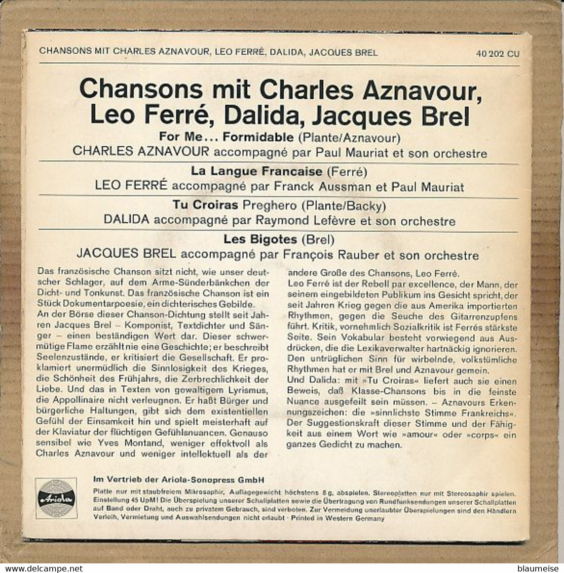 7" Single, Charles Aznavour, Jacques Brel, Dalida, Leo Ferre - Disco, Pop