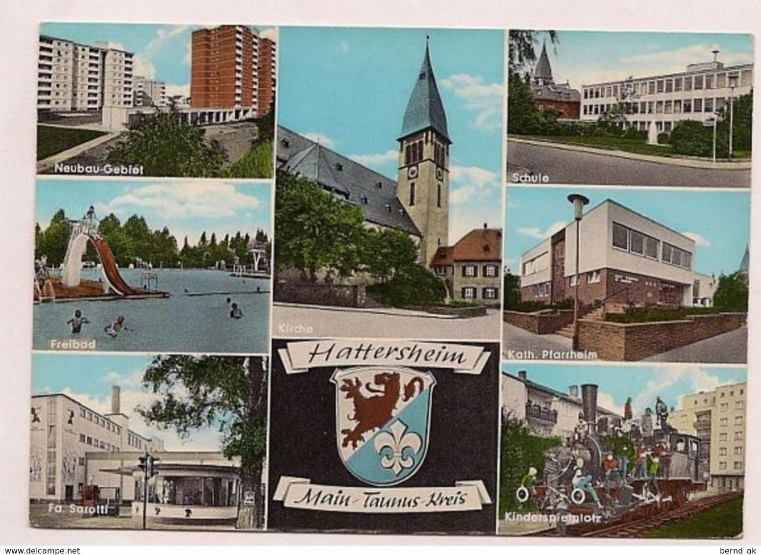 BRD - AK : Hattersheim / Freibad, Kirche, Pfarramt, Fa. Sarotti - Hattersheim