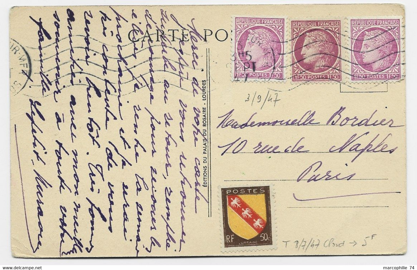 FRANCE MAZELIN 1FR50X3 2 TEINTES +50C BLASON CARTE LISIEUX 3.SEPT 1947 AU TARIF - 1945-47 Cérès De Mazelin