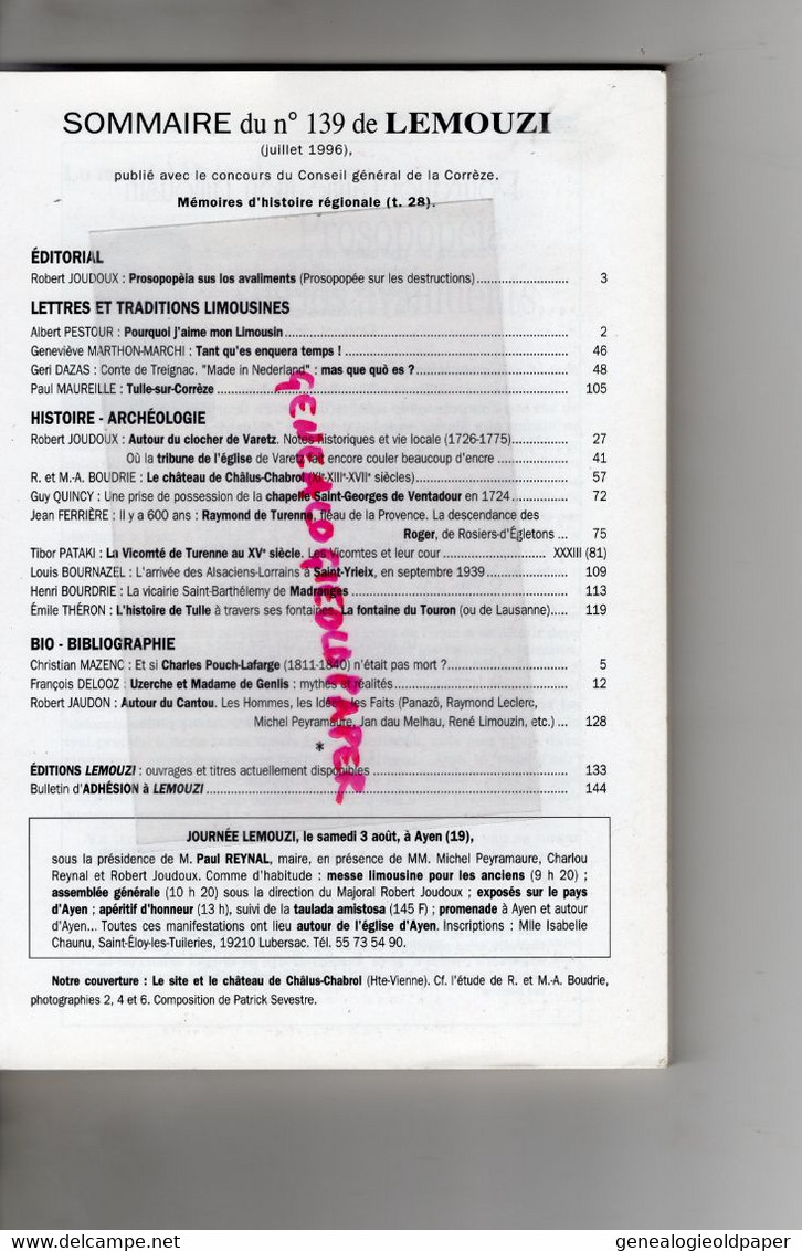 87-19-23- LEMOUZI- N° 139-1996-UZERCHE-CHALUS CHABROL-VARETZ-TULLE-VENTADOUR-TURENNE-SAINT YRIEIX-TREIGNAC-MADRANGES - Limousin