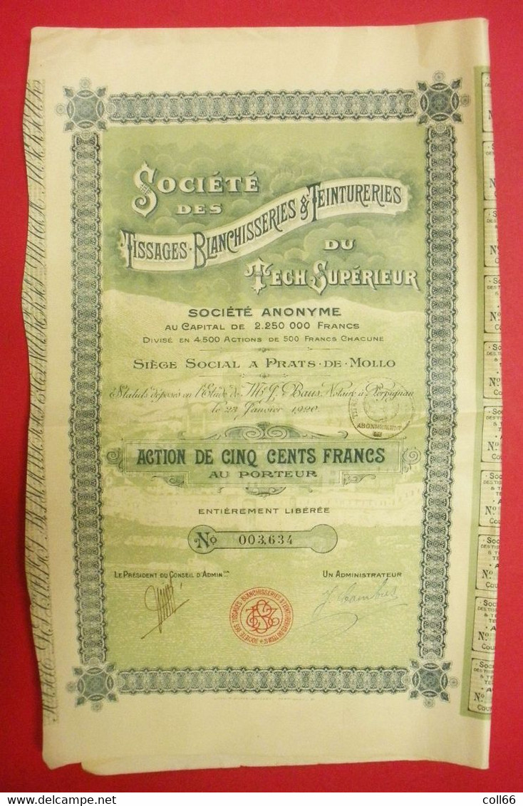 66 Prats De Mollo 1920 Société Des Tissages Blanchisserie & Teintureries Action De 500 Francs Au Porteur Catalunya - Textiel