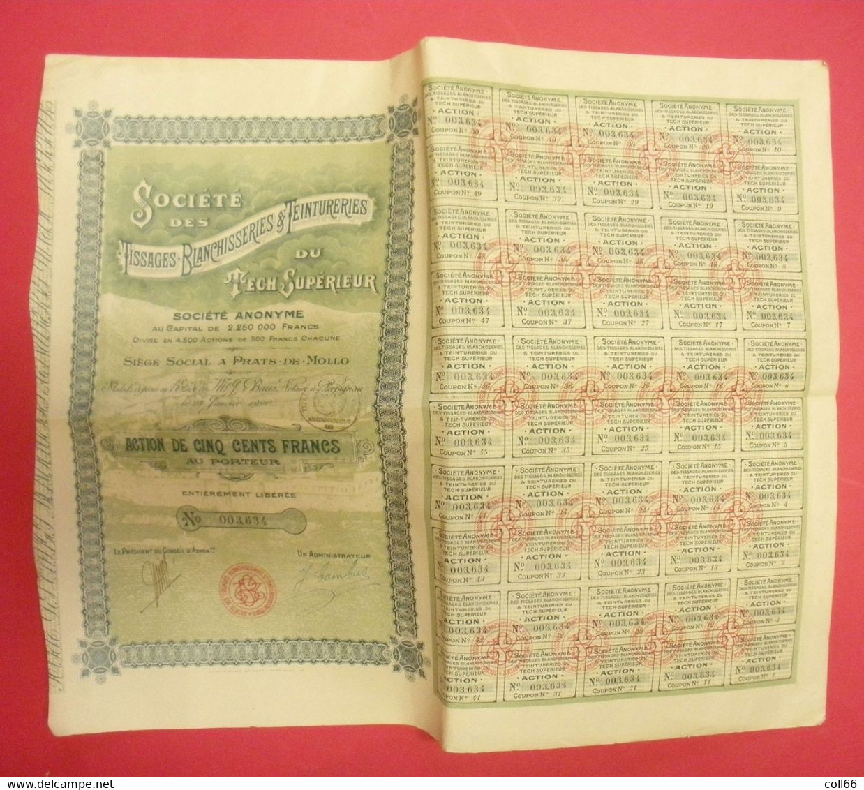 66 Prats De Mollo 1920 Société Des Tissages Blanchisserie & Teintureries Action De 500 Francs Au Porteur Catalunya - Textiel