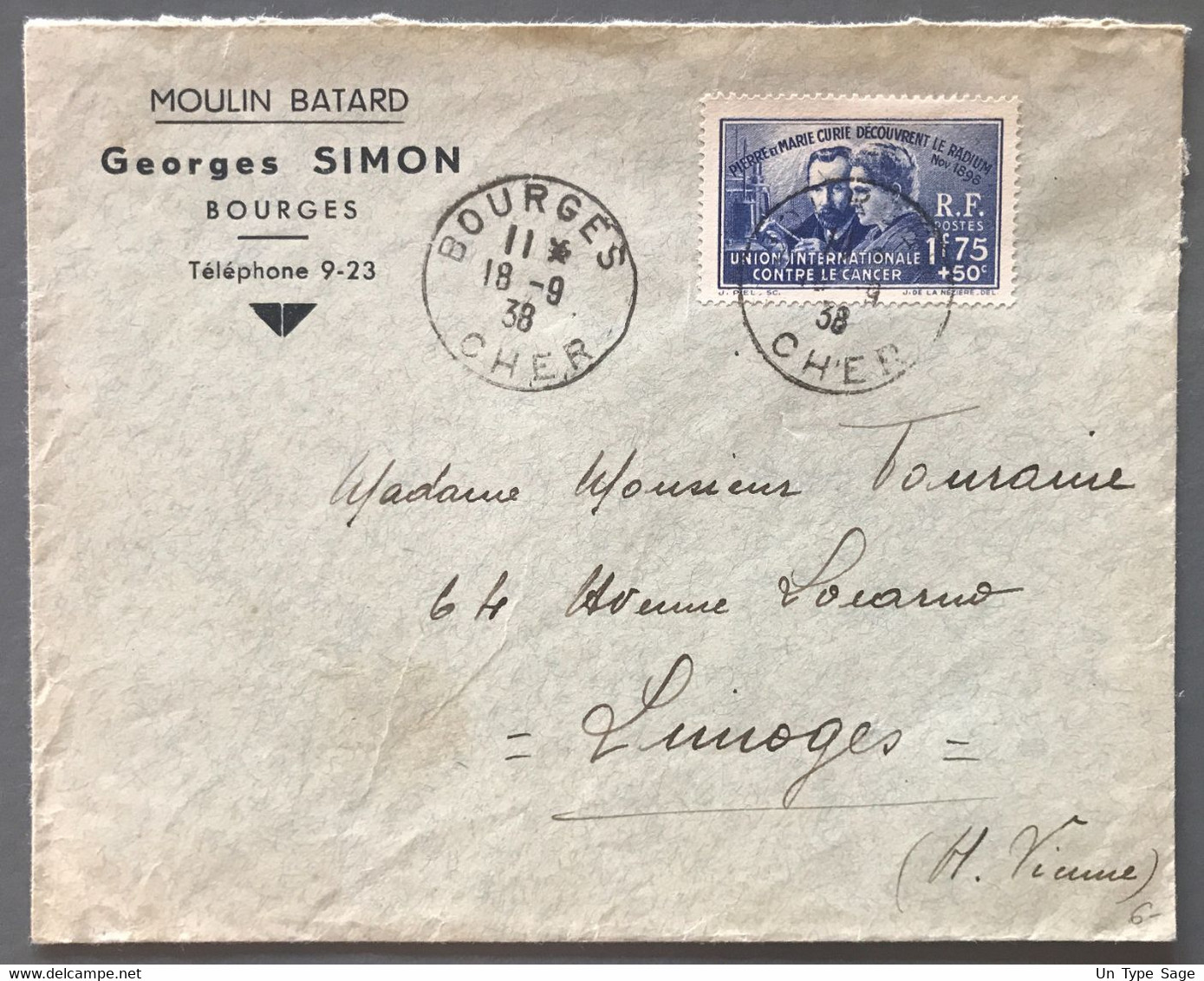 France N°402 Seul Sur Enveloppe TAD Bourges 18.9.1938 Pour Limoges - (W1386) - 1921-1960: Modern Tijdperk