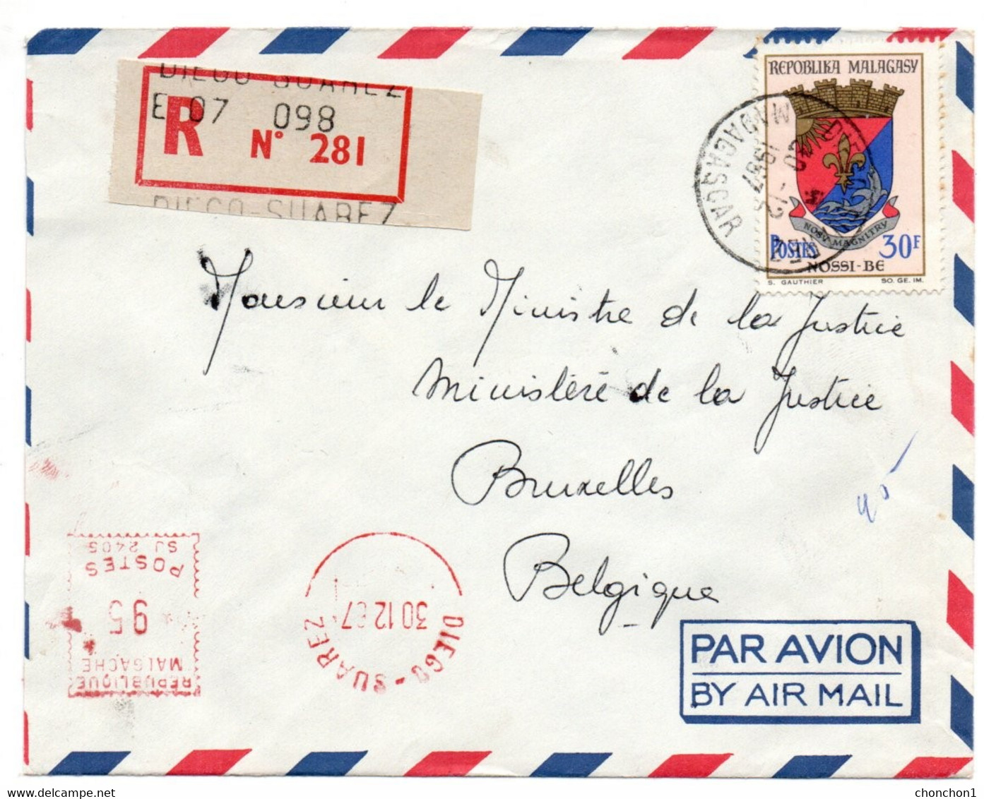 Madagascar - Lettre Recommandée Par Avion De Diego Suarez Vers Belgique - Affranchissement Mécanique - 1967 - B31 - Autres & Non Classés