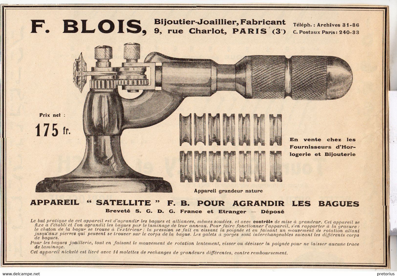 RARE PUB SUR PAPIER - 1927 - APPAREIL SATELLITE POUR AGRANDIR LES BAGUES - F. BLOIS - BIJOUTIER JOAILLIER - PARIS - Supplies And Equipment