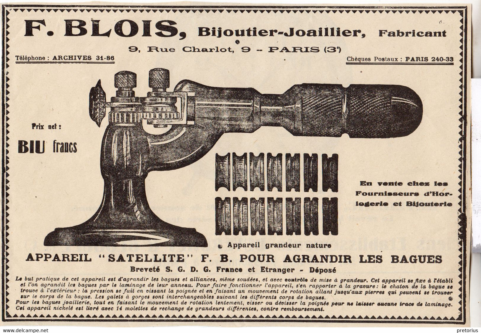 RARE PUB SUR PAPIER - 1927 - APPAREIL SATELLITE POUR AGRANDIR LES BAGUES - F. BLOIS - BIJOUTIER JOAILLIER - PARIS - Supplies And Equipment