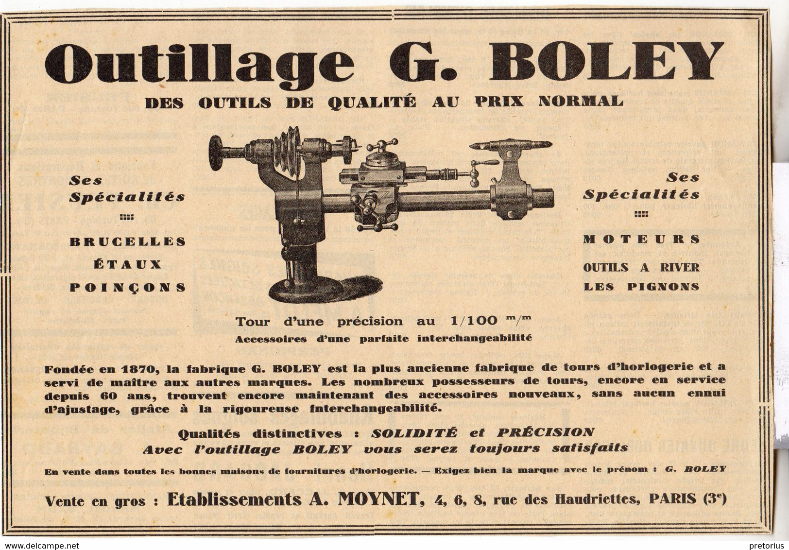 RARE PUB SUR PAPIER - 1927 - OUTILLAGE G. BOLET - ÉTAUX - POINCONS - BRUCELLES - TOUR DE PRECISION - A. MOYNET - PARIS - Supplies And Equipment