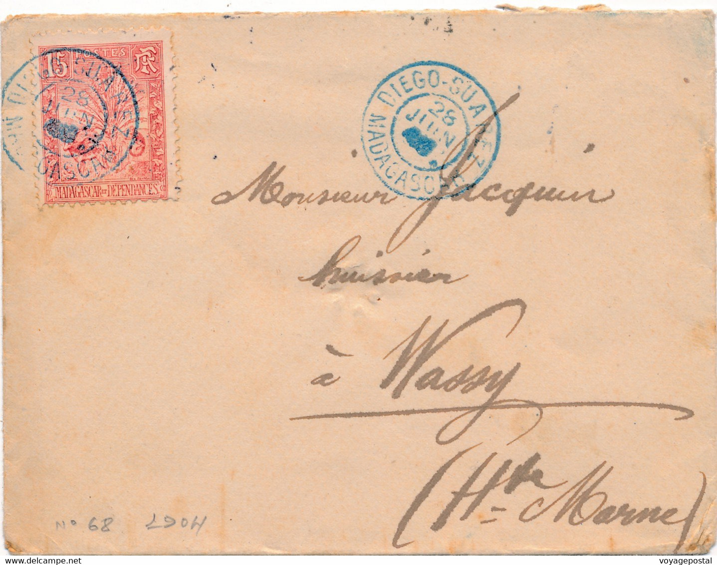 LETTRE MADAGASCAR DIEGO SUAREZ 15C POUR WASSY - Cartas & Documentos