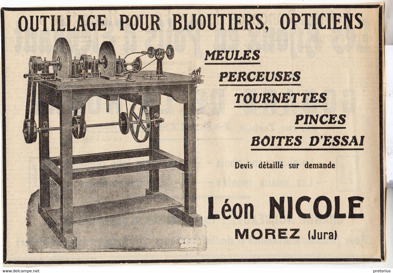 RARE PUB SUR PAPIER - 1927 - OUTILLAGE POUR BIJOUTIERS OPTICIENS - MEULES - PERCEUSES - LEON NICOLE - MOREZ - JURA - Supplies And Equipment