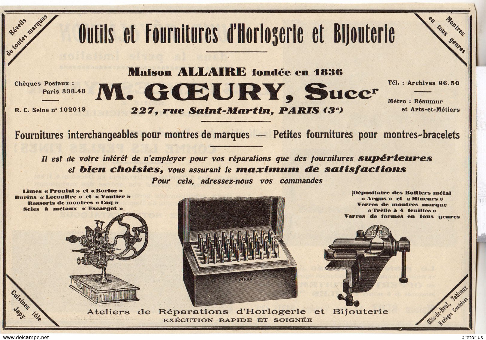 RARE PUB SUR PAPIER - 1927 - OUTILS ET FOURNITURES HORLOGERIE BIJOUTERIE - MAISON ALLAIRE - M. GOEURY - PARIS - Supplies And Equipment