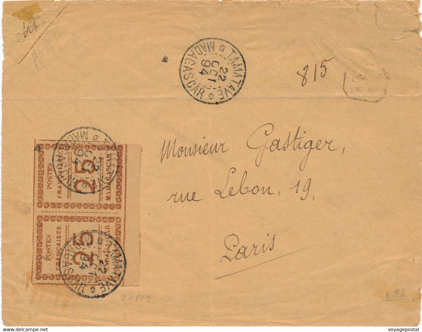 LETTRE RECOMMANDÉE MADAGASCAR TAMATAVE N°11 25C PAIRE POUR PARIS COVER - Covers & Documents