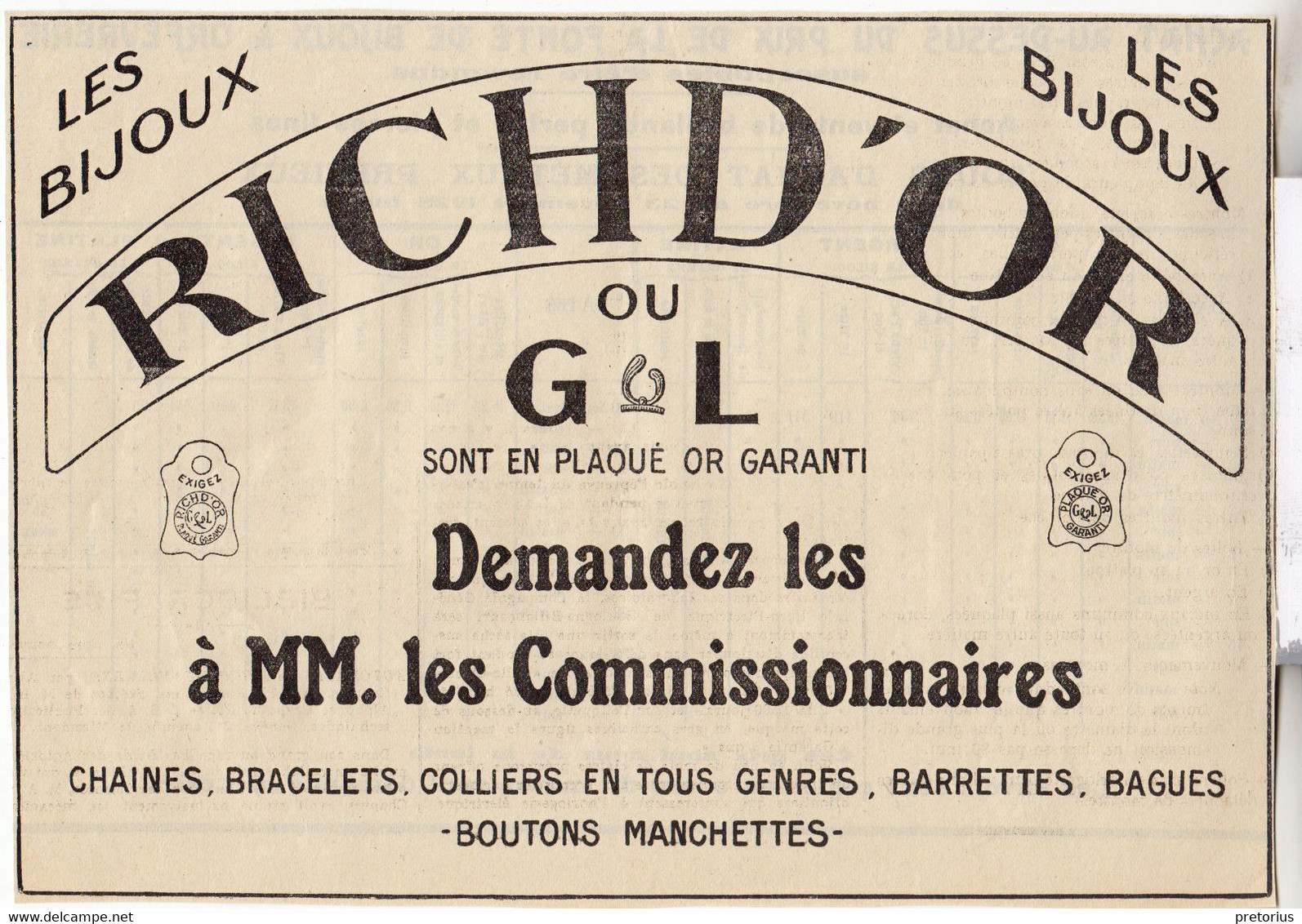 RARE PUB SUR PAPIER - 1927 - LES BIJOUX RICHD'OR OU G L SONT EN PLAQUÉOR GARANTI - CHAINES - BRACELETS - COLLIERS... - Autres & Non Classés