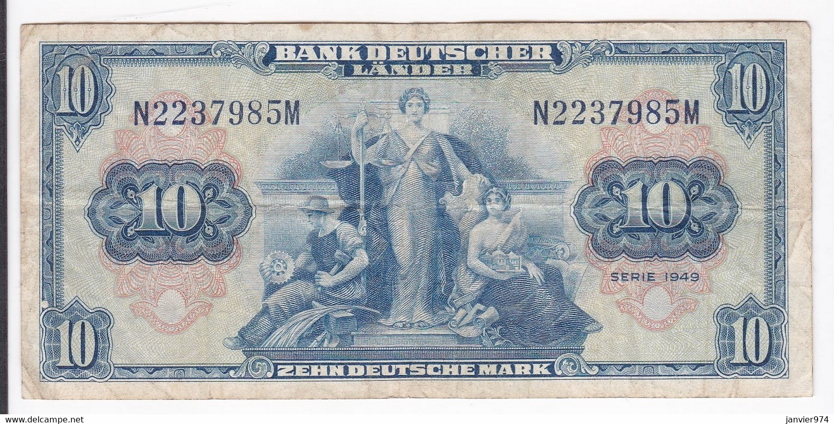 Bank Deutscher Länder 10 Mark 1949 N223798M Billet Ayant Circulé - 10 Deutsche Mark