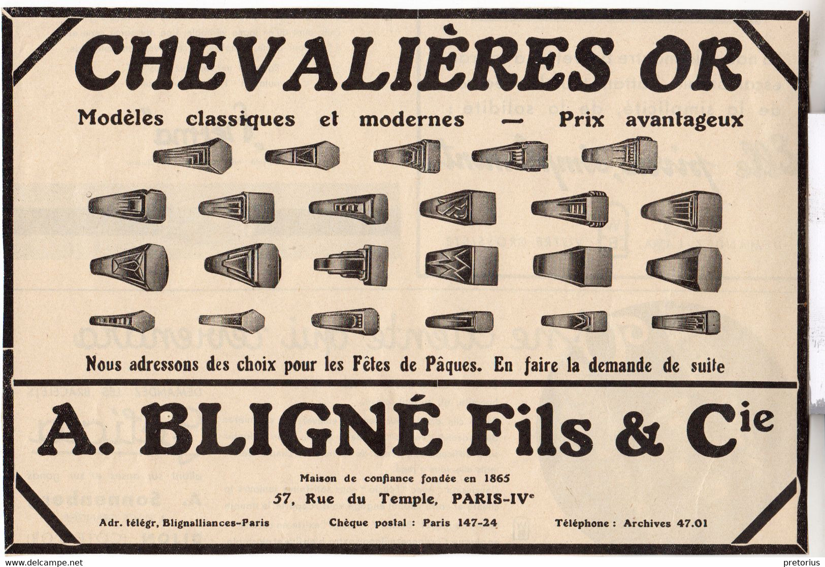 RARE PUB SUR PAPIER - 1927 - CHEVALIERES OR - A. BLIGNÉ FILS & CIE - PARIS - Bagues