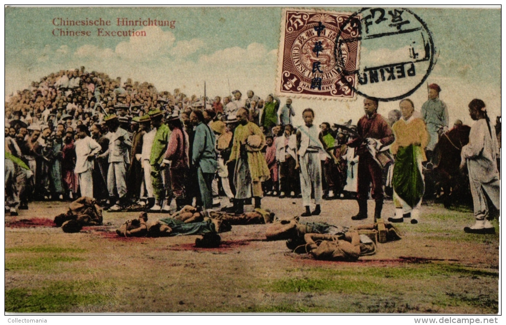 1 China Postcard With  Stamp - Pekin Pékin Peking Revolution 1912  Chinese Excecution Hinruchtung Onthoofding Revolutie - Chine