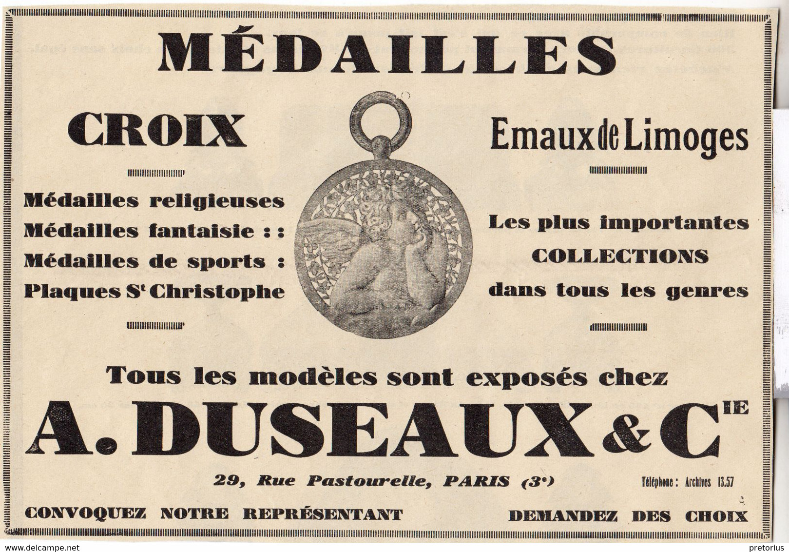 RARE PUB SUR PAPIER - 1927 - MEDAILLES RELIGIEUSES SPORTS FANTAISIES CROIX - EMAUX DE LIMOGES - A. DUSEAUX & CIE - PARIS - Pendentifs