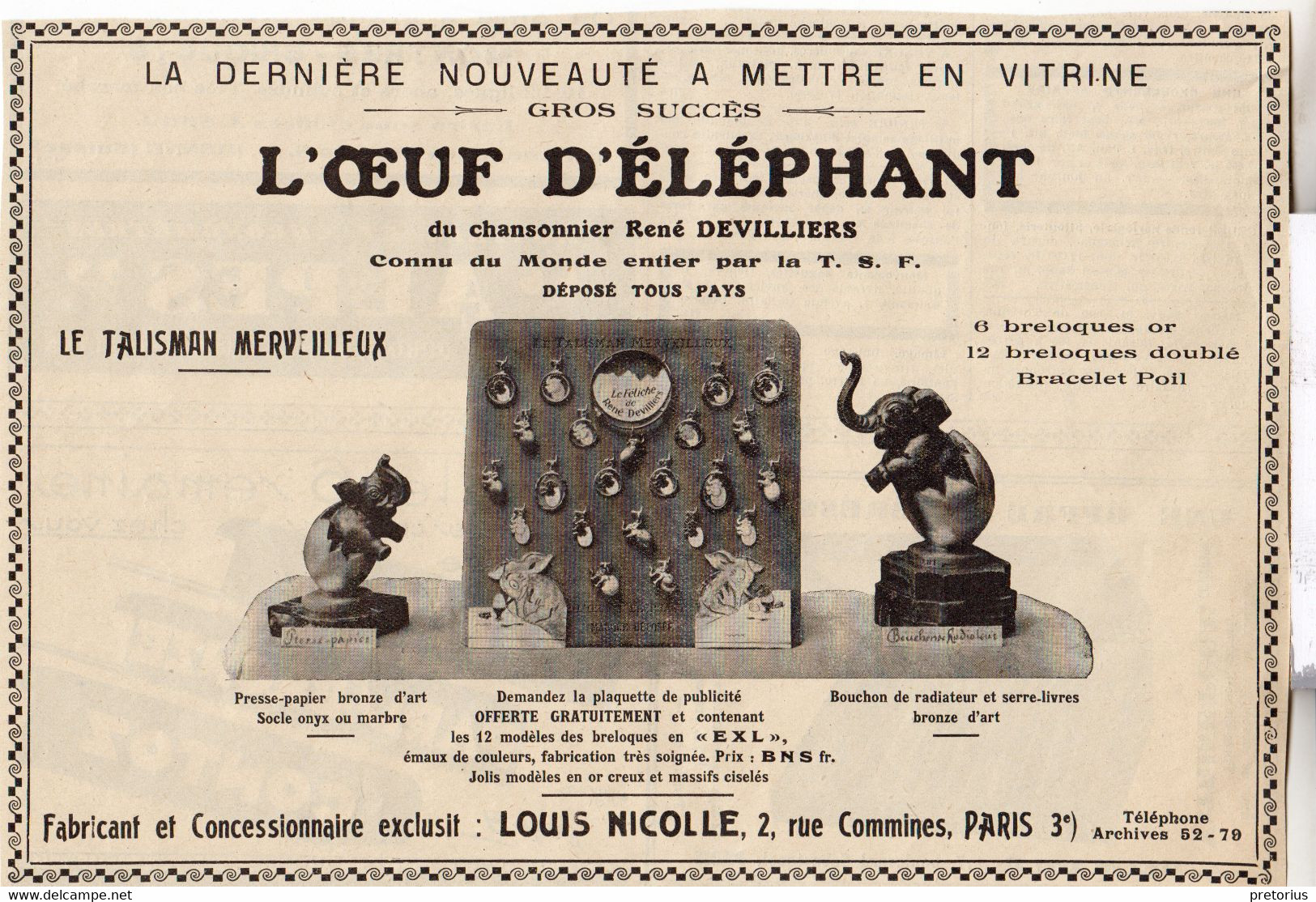 RARE PUB SUR PAPIER - 1927 - L'OEUF D'ELEPHANT DU CHANSONNIER RENÉ DEVILLIERS - LE TALISMAN MERVEILLEUX - LOUIS NICOLLE - Pendentifs