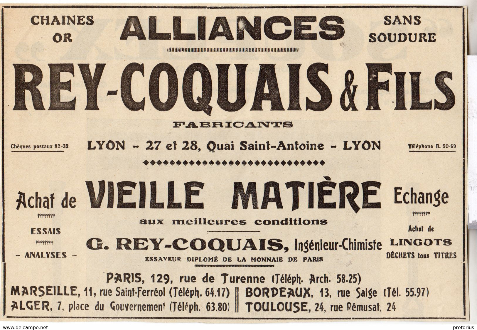 RARE PUB SUR PAPIER - 1927 - ALLIANCES - CHAINES OR - REY-COQUAIS & FILS FABRICANTS - PARIS - MARSEILLE - ALGER ... - Bagues