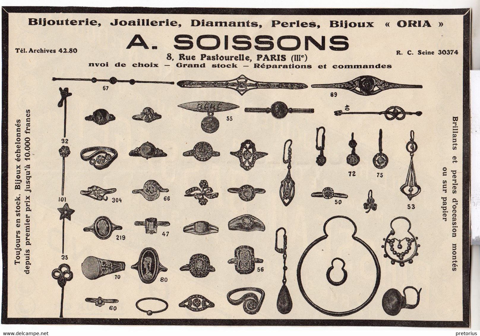 RARE PUB SUR PAPIER - 1927 - A. SOISSONS - DIAMANTS - PERLES - BIJOUX ORIA BIJOUTERIE - JOAILLERIE - PARIS - Bagues