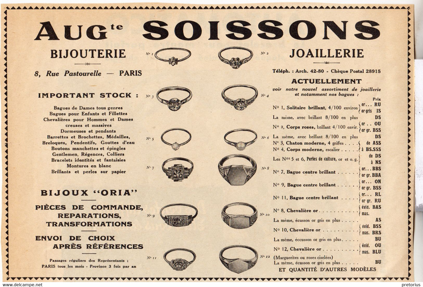 RARE PUB SUR PAPIER - 1927 - A. SOISSONS - BIJOUTERIE - JOAILLERIE - BIJOUX ORIA - CHEVALIERES - PENDENTIFS - PARIS - Bagues