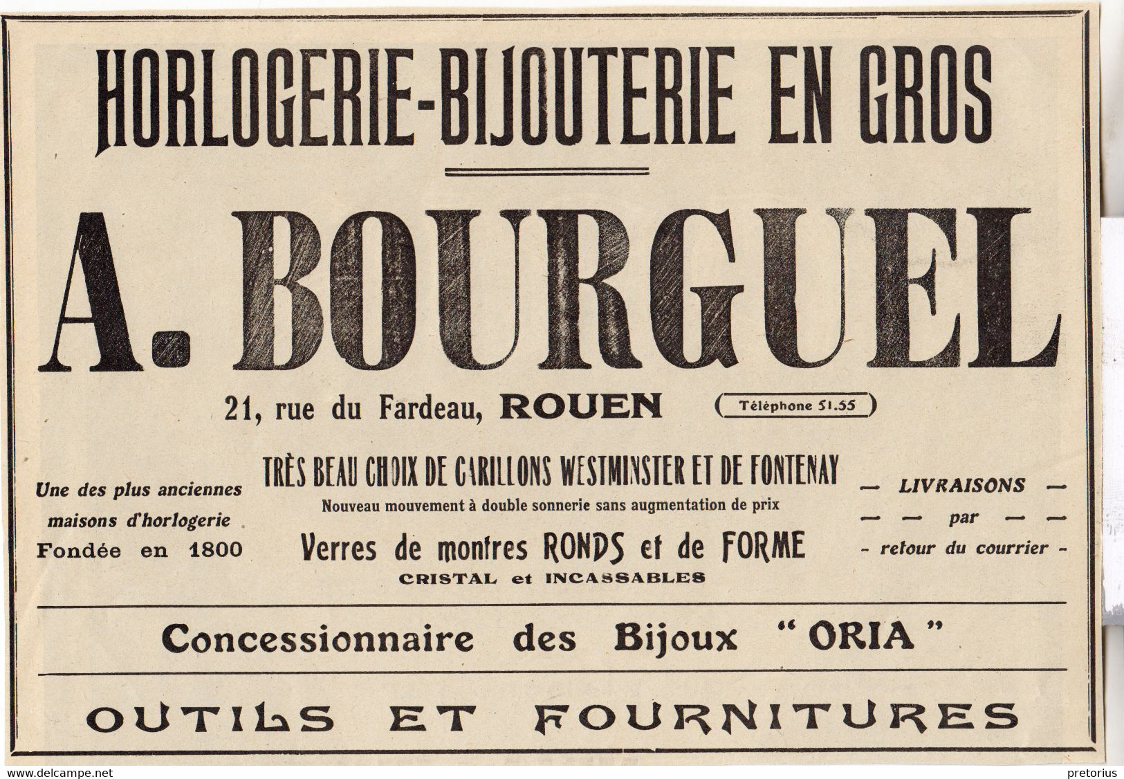 RARE PUB SUR PAPIER - 1927 - HORLOGERIE BIJOUTERIE EN GROS - VERRES DE MONTRES RONDS ET DE FORMES - A. BOURGUEL - ROUEN - Autres & Non Classés