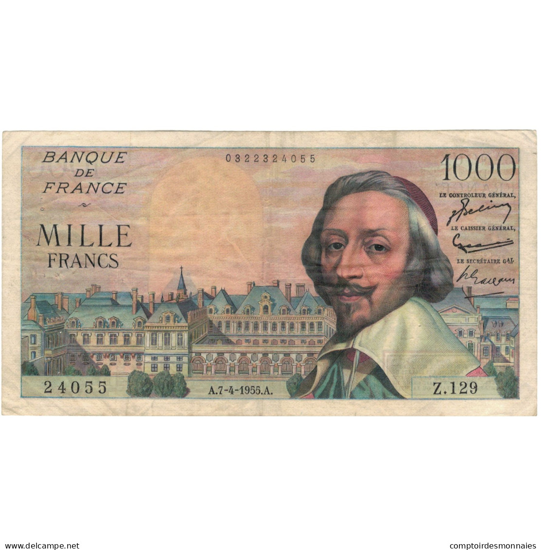 France, 1000 Francs, Richelieu, 1955, 1955-04-07, TB+, Fayette:42.12, KM:134a - 1 000 F 1953-1957 ''Richelieu''