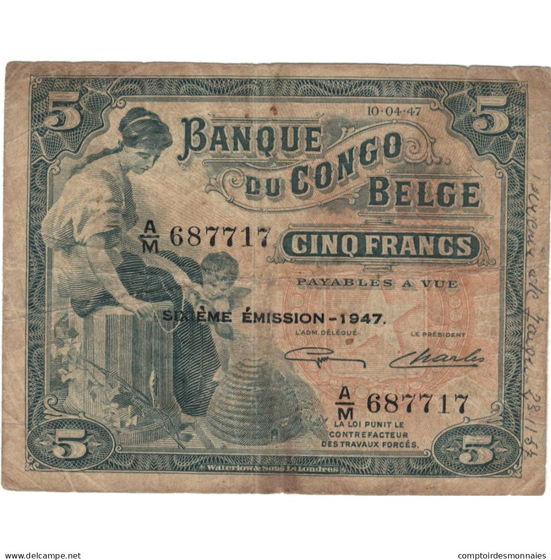 Billet, Congo Belge, 5 Francs, 1947, 1947-04-10, TB - Banca Del Congo Belga