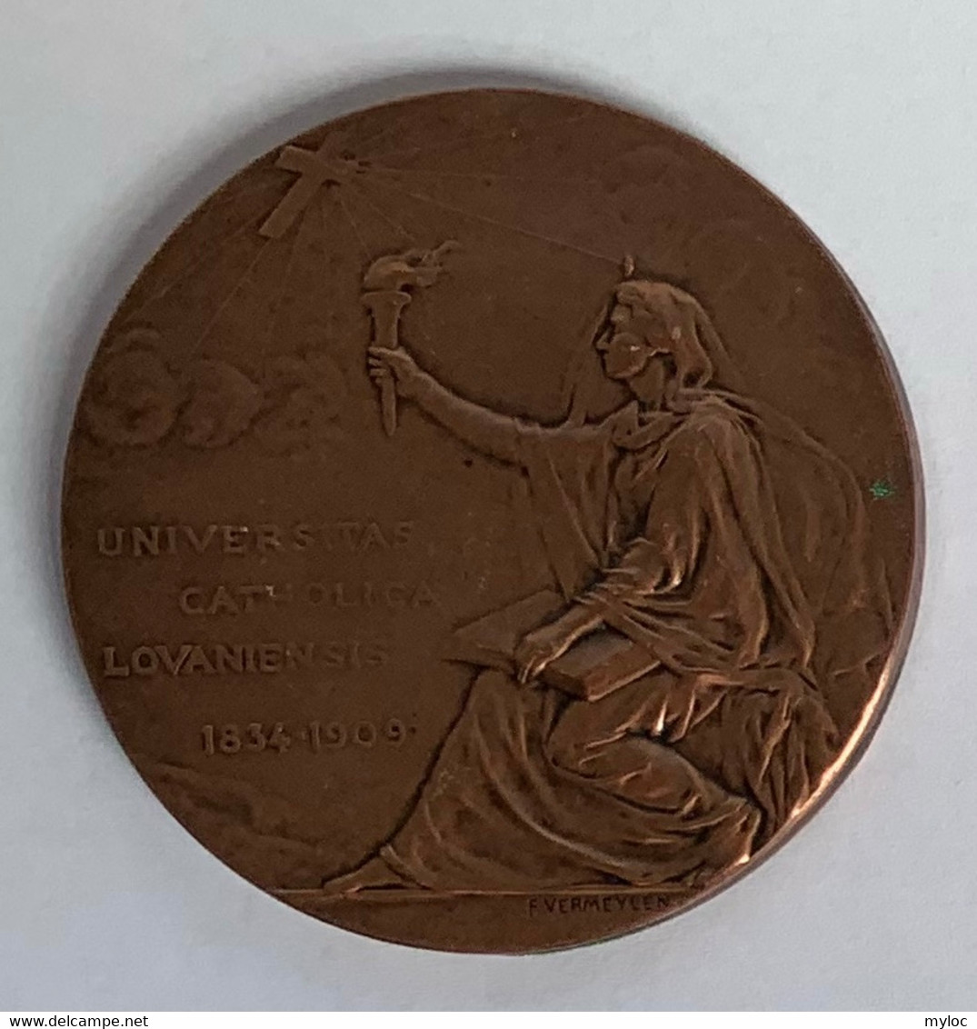 Médaille Bronze. Université Catholique De Louvain 1834-1909. 75e Anniversaire De La Réinstallation. F. Vermeylen - Professionnels / De Société