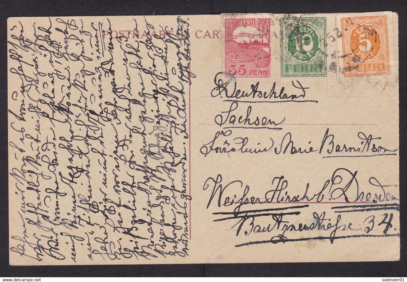 Estonia: Postcard To Germany, 1920?, 3 Imperforated Stamps, Tricolor, Uncommon (traces Of Use) - Estonia