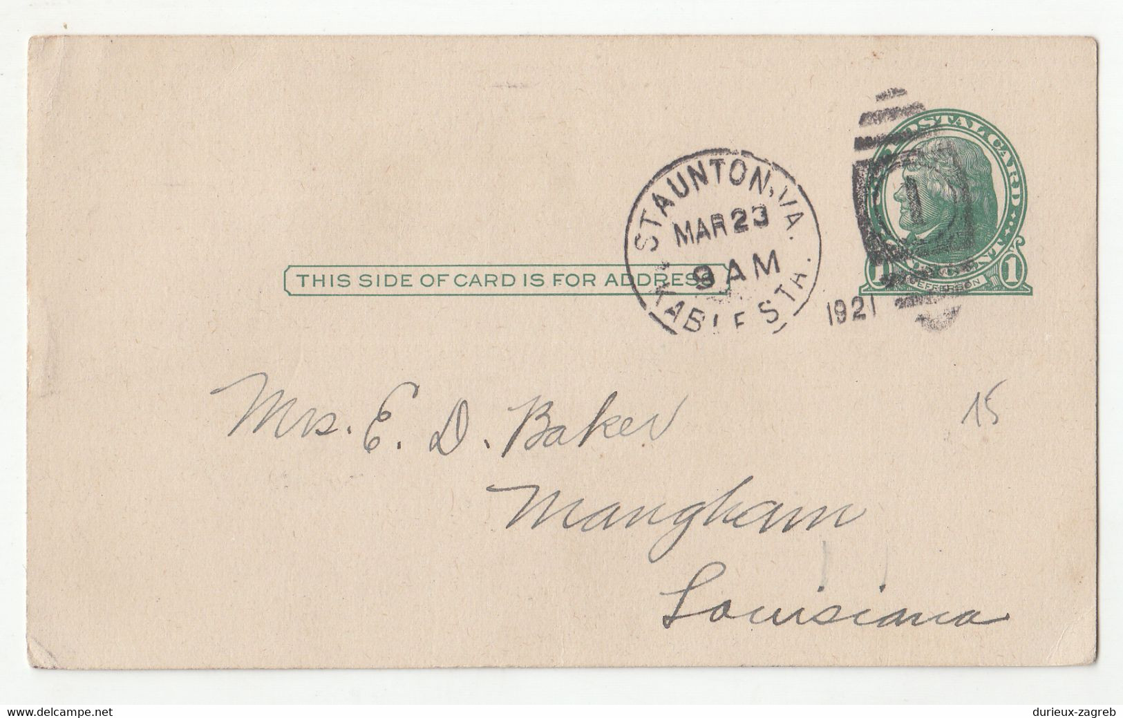 US Postal Stationery Postcard Posted 1921 Staunton VA Pmk B211001 - 1921-40