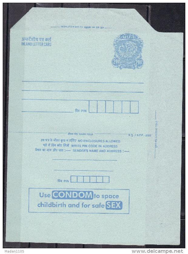 INDIA, POSTAL STATIONERY, Rs 2 INLAND LETTER CARD, Peacock, Advertisement, Use Condom, Safe Sex, Gap Between Kids - Inland Letter Cards