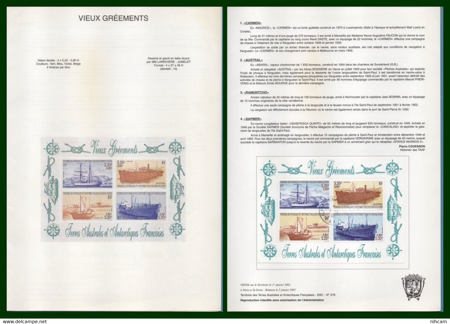 TAAF 12 Notices FDC 1.1. 2001 Crozet Bloc N° 6 + N° 287 à 297 TB 12 SCANS (à Voir ! Cote XX) - Collections, Lots & Séries