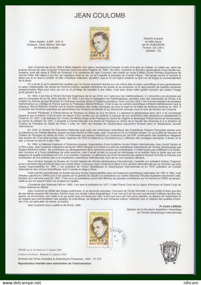 TAAF 12 Notices FDC 1.1. 2001 Crozet Bloc N° 6 + N° 287 à 297 TB 12 SCANS (à voir ! cote XX)