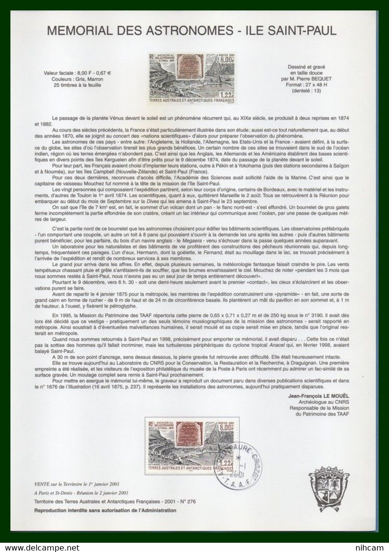 TAAF 12 Notices FDC 1.1. 2001 Crozet Bloc N° 6 + N° 287 à 297 TB 12 SCANS (à voir ! cote XX)