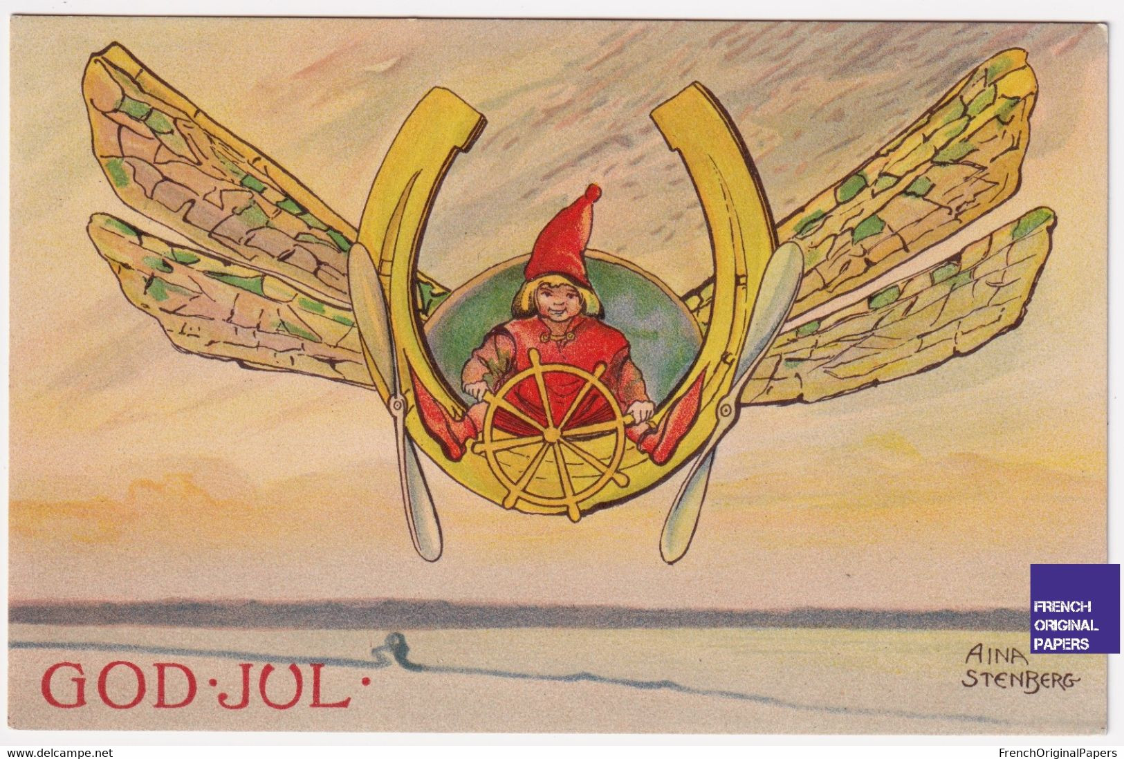 Aina Stenberg AK CPA Litho 1910 Fille Lutin God Jul Joyeux Noël Jugendstil Art Nouveau Scandinave Avion Libellule A58-35 - Andere & Zonder Classificatie