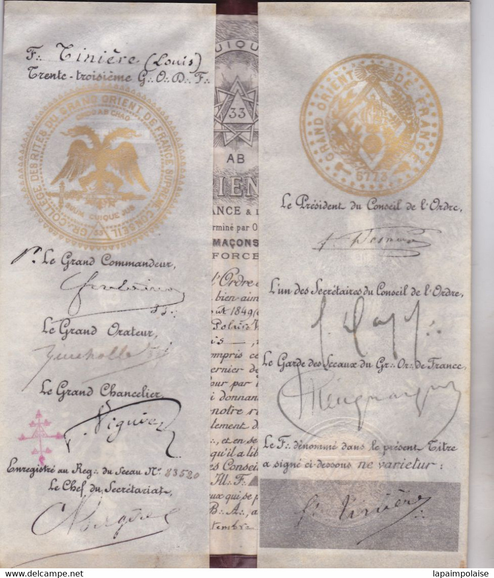 Diplôme Franc Maçon Béziers Louis Tinière Grand Orient De France Nomination Au 33 Degré Suprême Conseil RARE Réf 10482 - Diploma's En Schoolrapporten