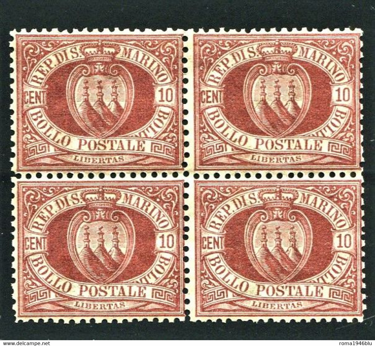 SAN MARINO 1894 CIFRA10 C. ** MNH CENTRATA QUARTINA - Nuovi