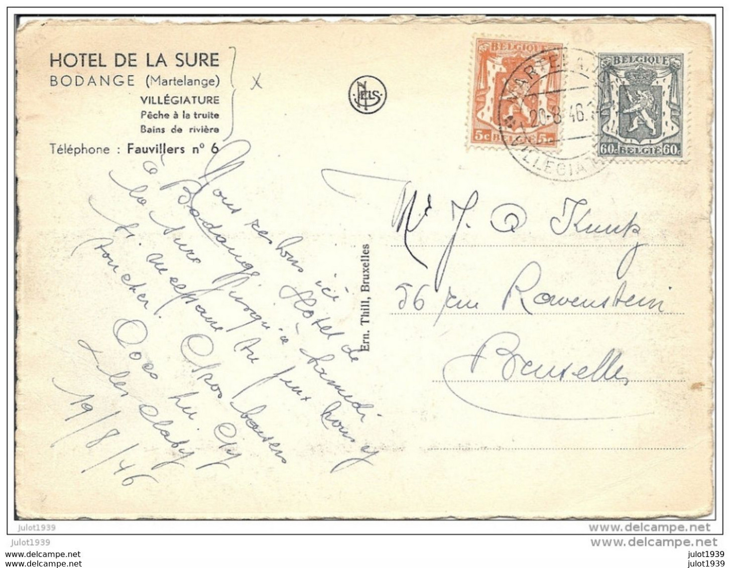 BODANGE ..-- Hôtel De La SURE . 1946 Vers BXL ( Mr J. KNUTZ ) . Voir Verso . - Fauvillers