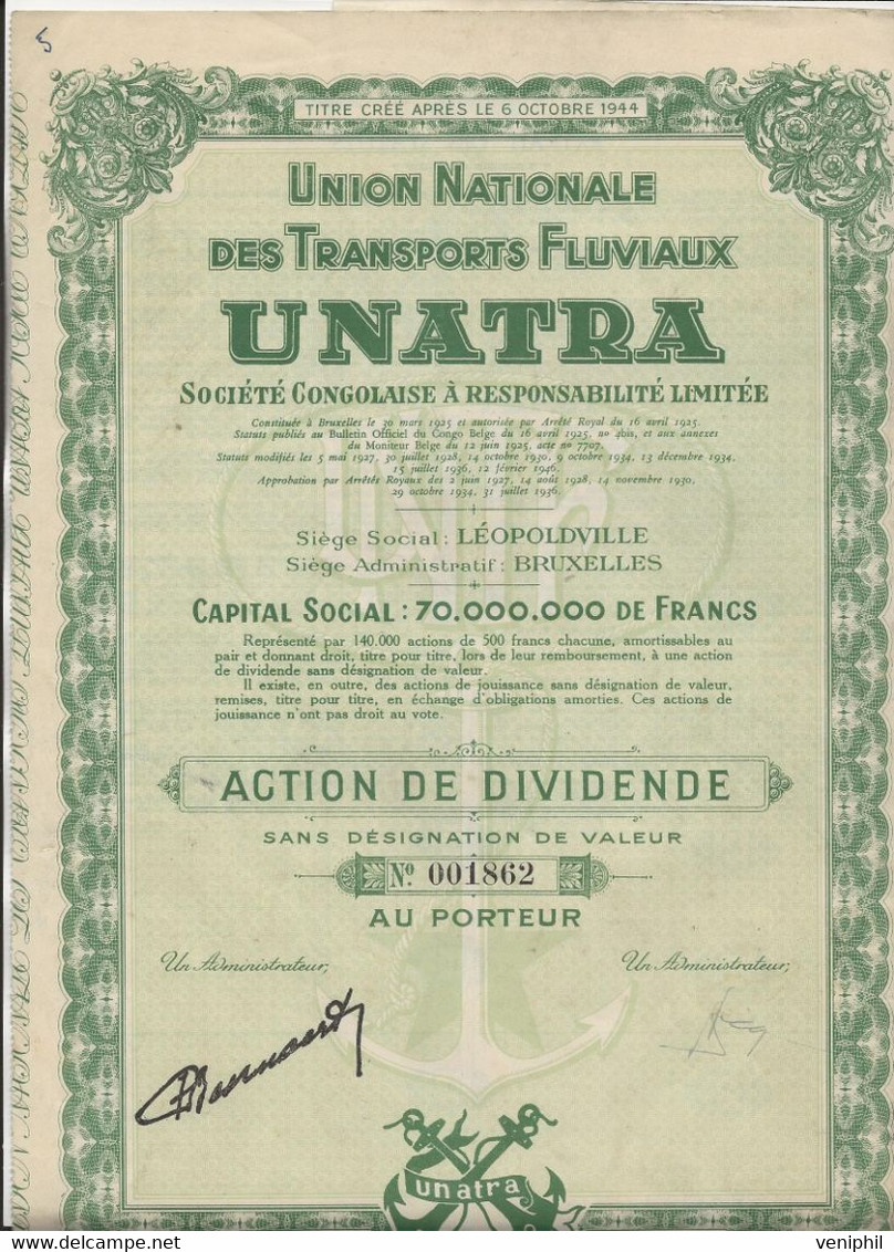 ACTION DE DIVIDENDE -UNION NATIONALE DES TPTS FLUVIAUX UNATRA -SOCIETE CONGOLAISE - ANNEE 1925 - Transports