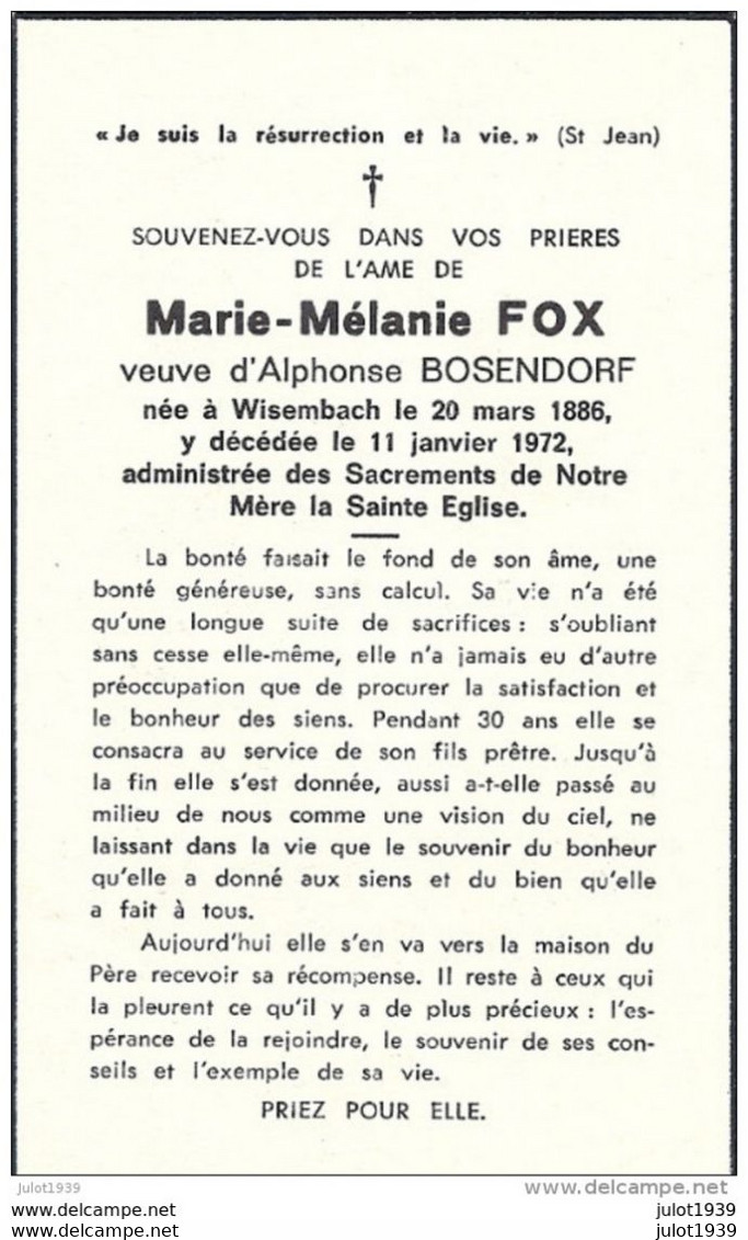 WISEMBACH ..-- Mme FOX Mélanie , Veuve De BOSENDORF Alphonse , Née En 1886 , Décédée En 1972 . - Fauvillers